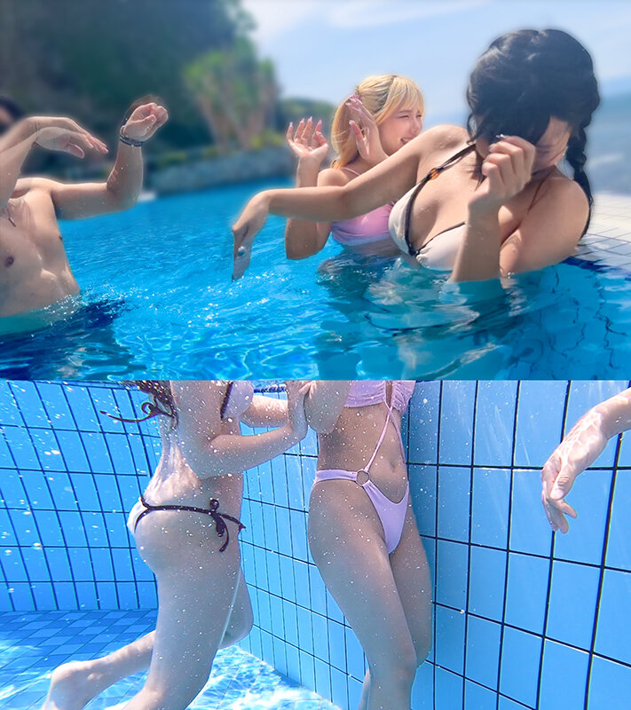 【夏に輝く美尻っ娘×2と酒浴び暴走乱パ】プール旅行を楽しむ童顔キュートな金髪ギャル＆黒髪痴女と3P中出しパーティー開催☆親友だから酒漬けチ●ポも仲良くシェア♪互いの体でオナり合うほど友情深い2人の穴をヌルぐちゃローテハメ食らい！！気づけば8月終盤…夏最後の… サンプル 1