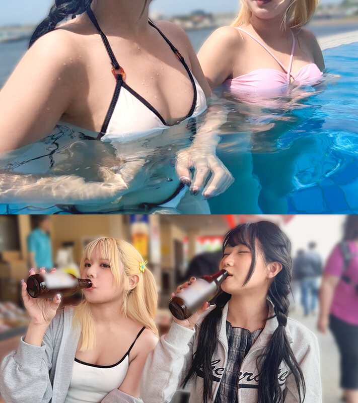 【夏に輝く美尻っ娘×2と酒浴び暴走乱パ】プール旅行を楽しむ童顔キュートな金髪ギャル＆黒髪痴女と3P中出しパーティー開催☆親友だから酒漬けチ●ポも仲良くシェア♪互いの体でオナり合うほど友情深い2人の穴をヌルぐちゃローテハメ食らい！！気づけば8月終盤…夏最後の… サンプル 2